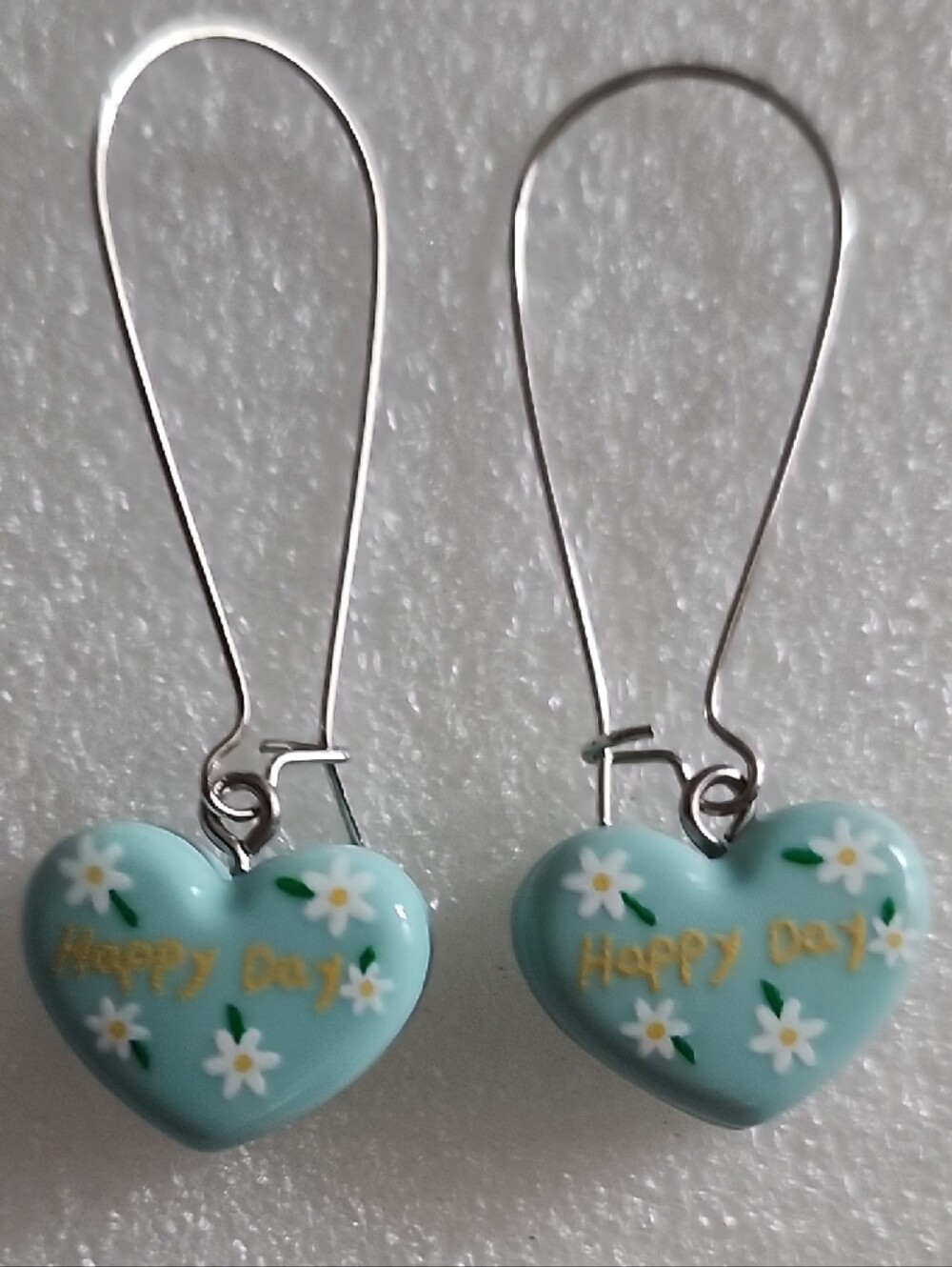 Hand Crafted Mint Green Heart Drop Earrings with White Daisy Accents